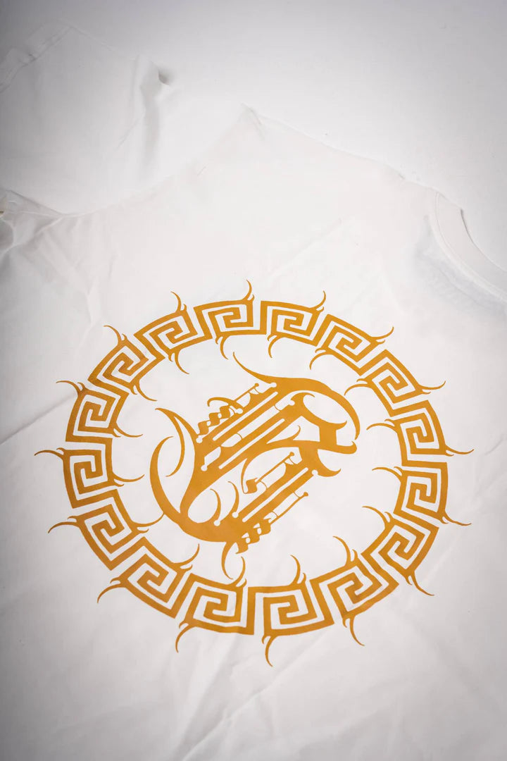 Straight-on view of the full back side of the Burnzy Art white t-shirt laid flat.