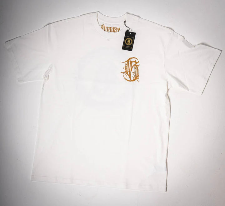 Flat lay front view of the Burnzy Art white calligraphy t-shirt, displaying the centered brush calligraphy logo.
