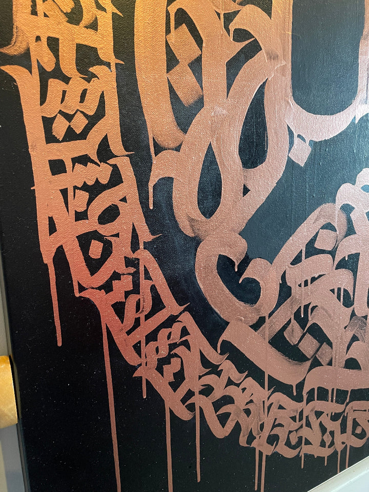Close-up of original brush calligraphy and paint texture on A Bad Trip