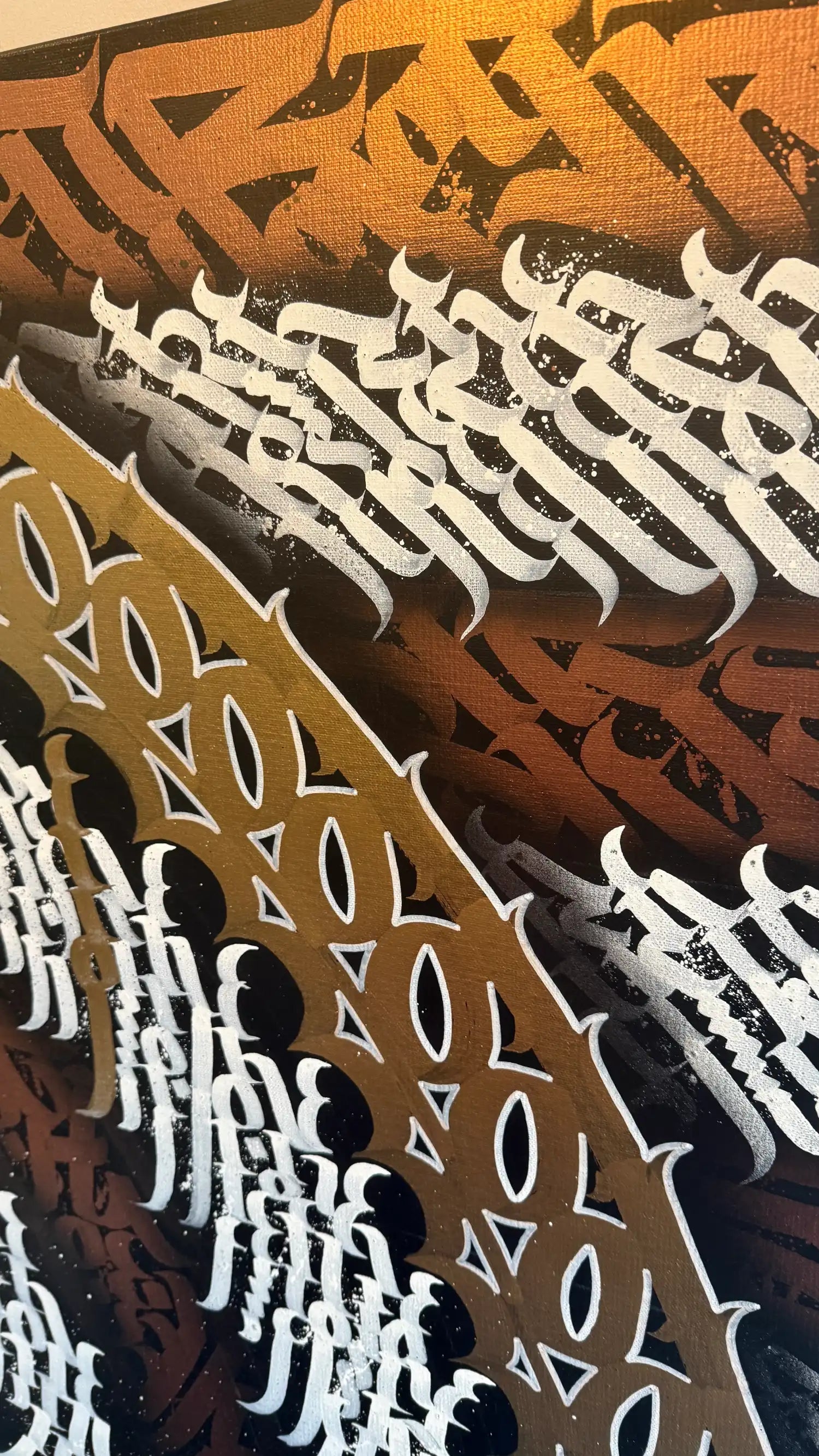 Burnzy art, copper calligraffiti detail corner shot